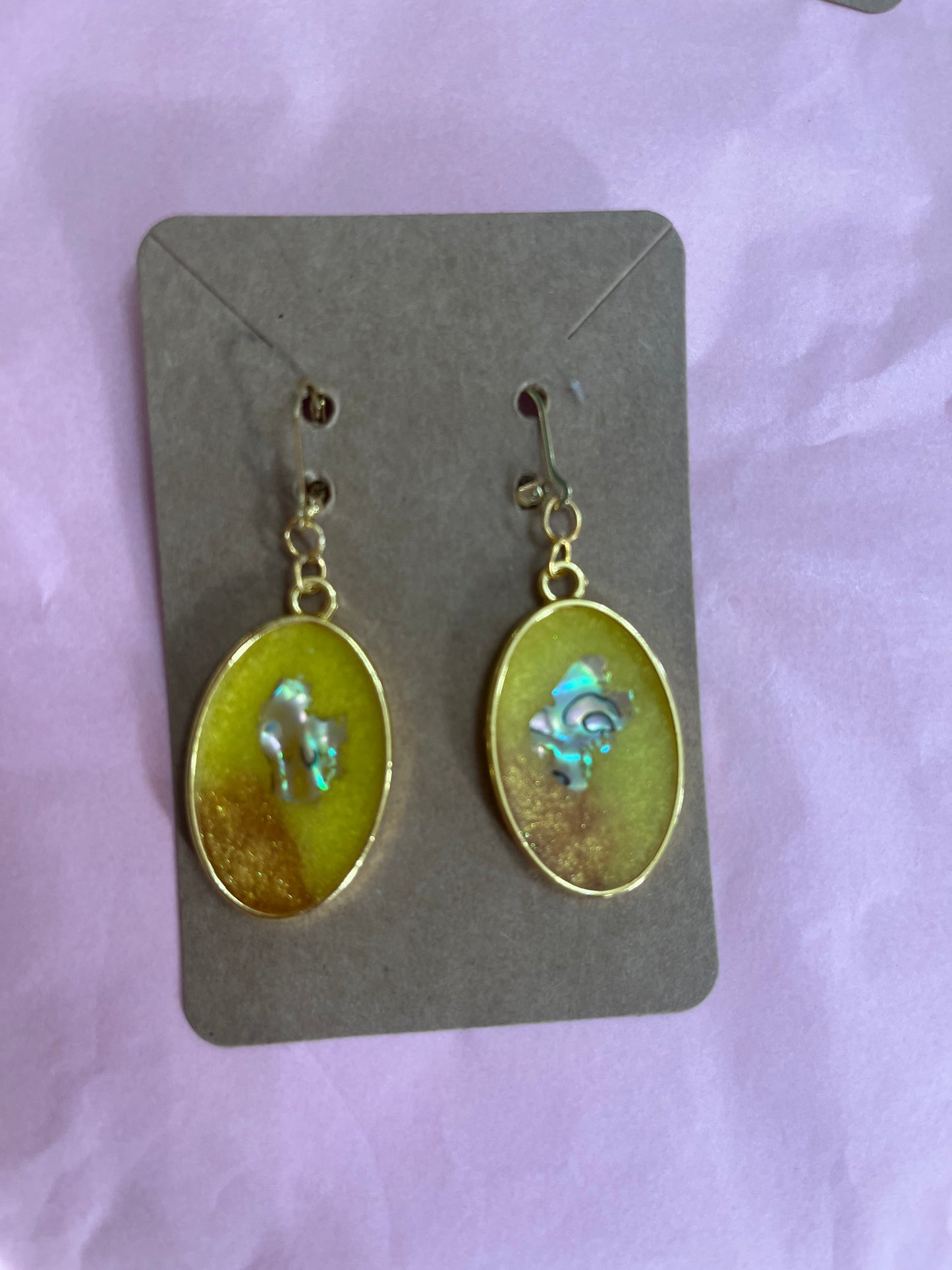 Yellow Oval Resin & Abalone Drop Earrings