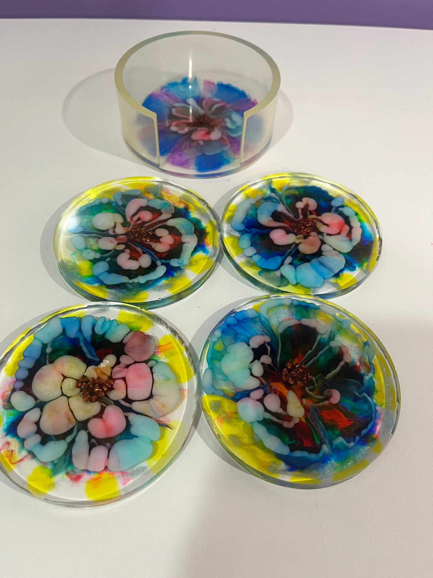 Multicolour Bloom Resin Coaster Set with Holder