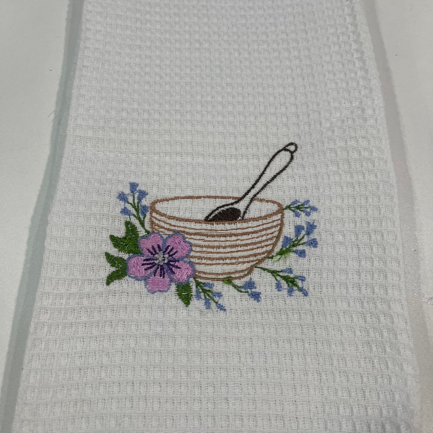 Embroidered mixing bowl and floral dish towel - white waffle weave with pansy and forget-me-not design