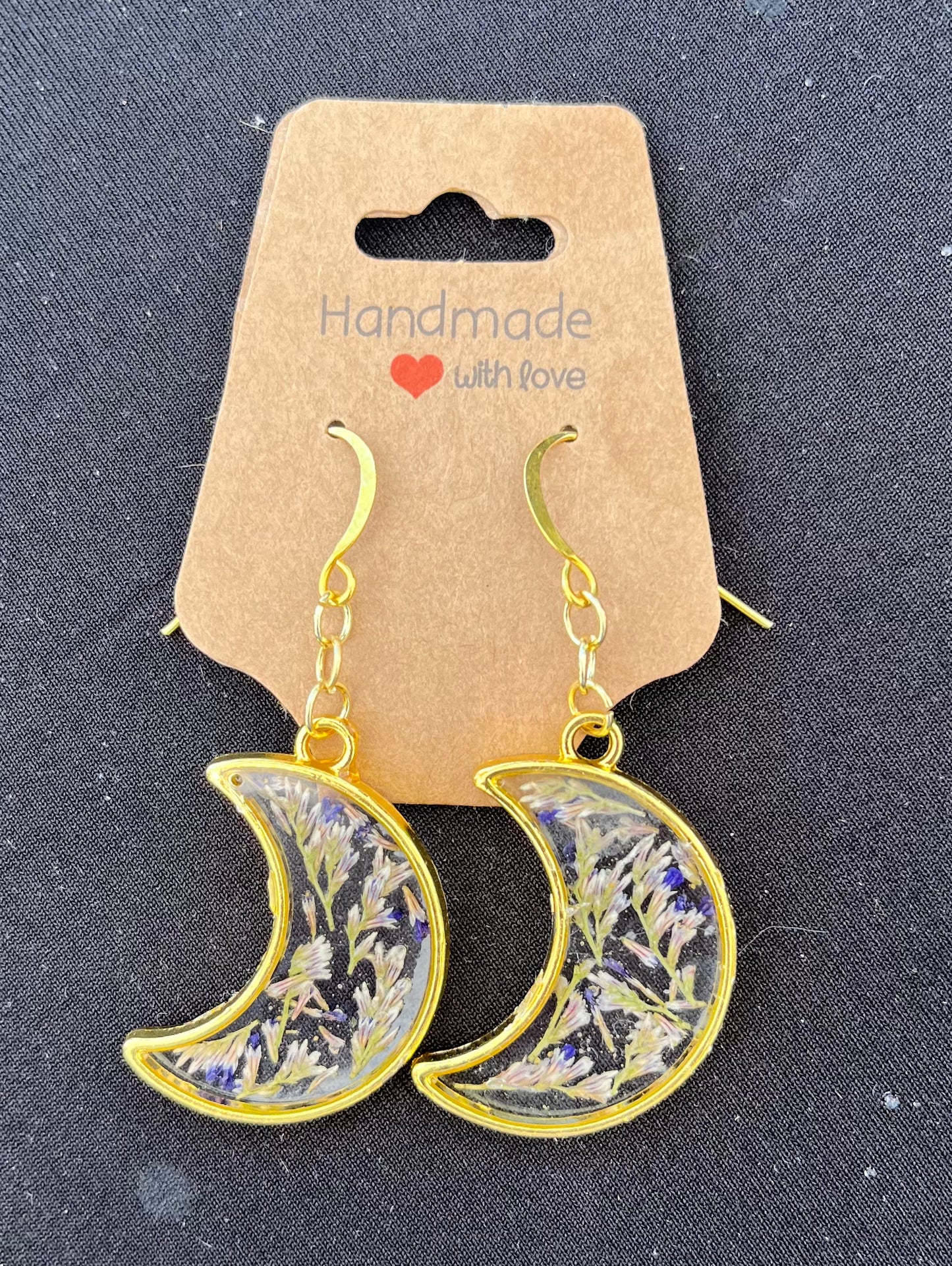Gold Crescent Moon Pressed Wildflower Resin Earrings