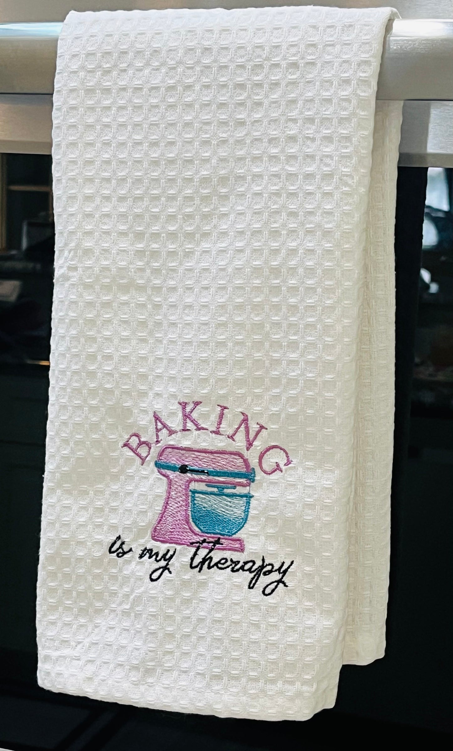 Baking is my therapy embroidered dish towel with pink stand mixer design