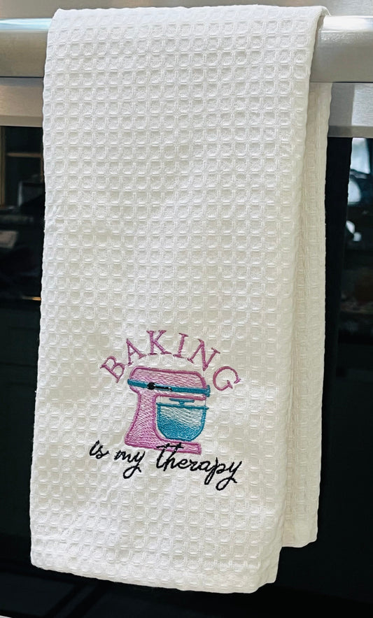 Baking is my therapy embroidered dish towel with pink stand mixer design