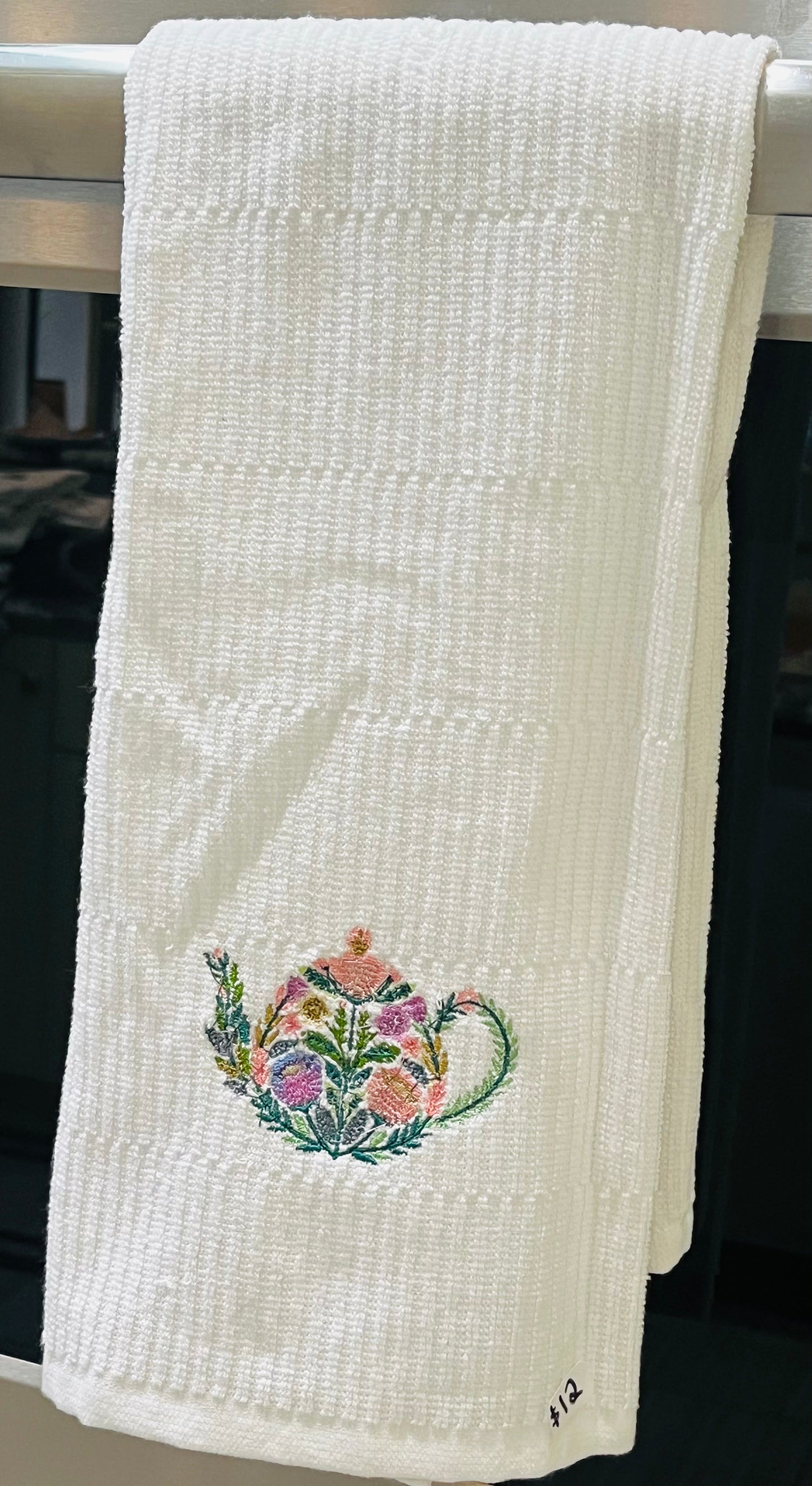 Embroidered floral teapot kitchen towel
