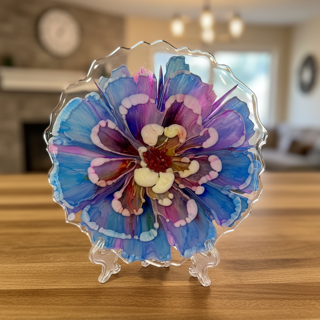 Resin coaster on clear easel