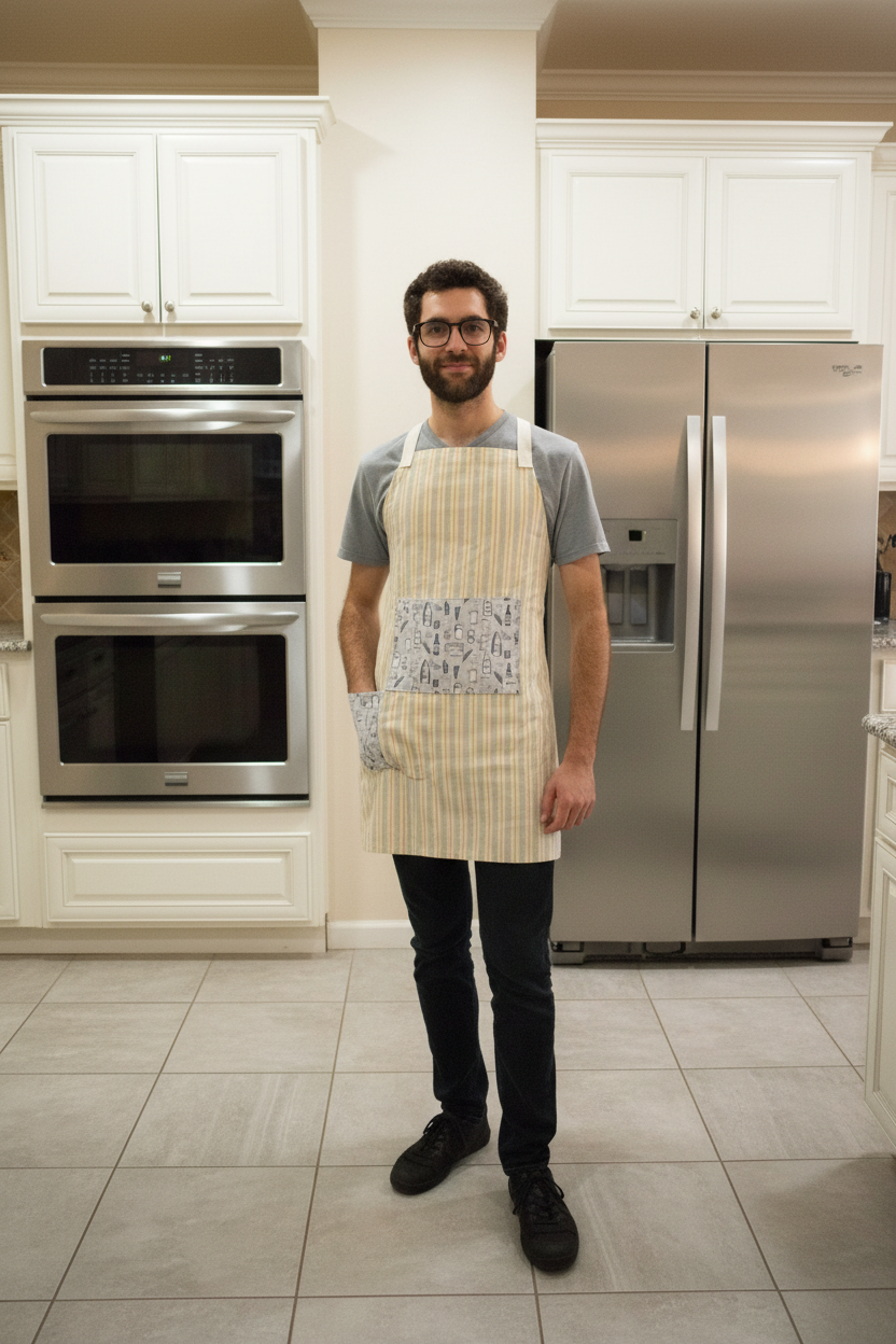 Yellow stripe apron on model with pants