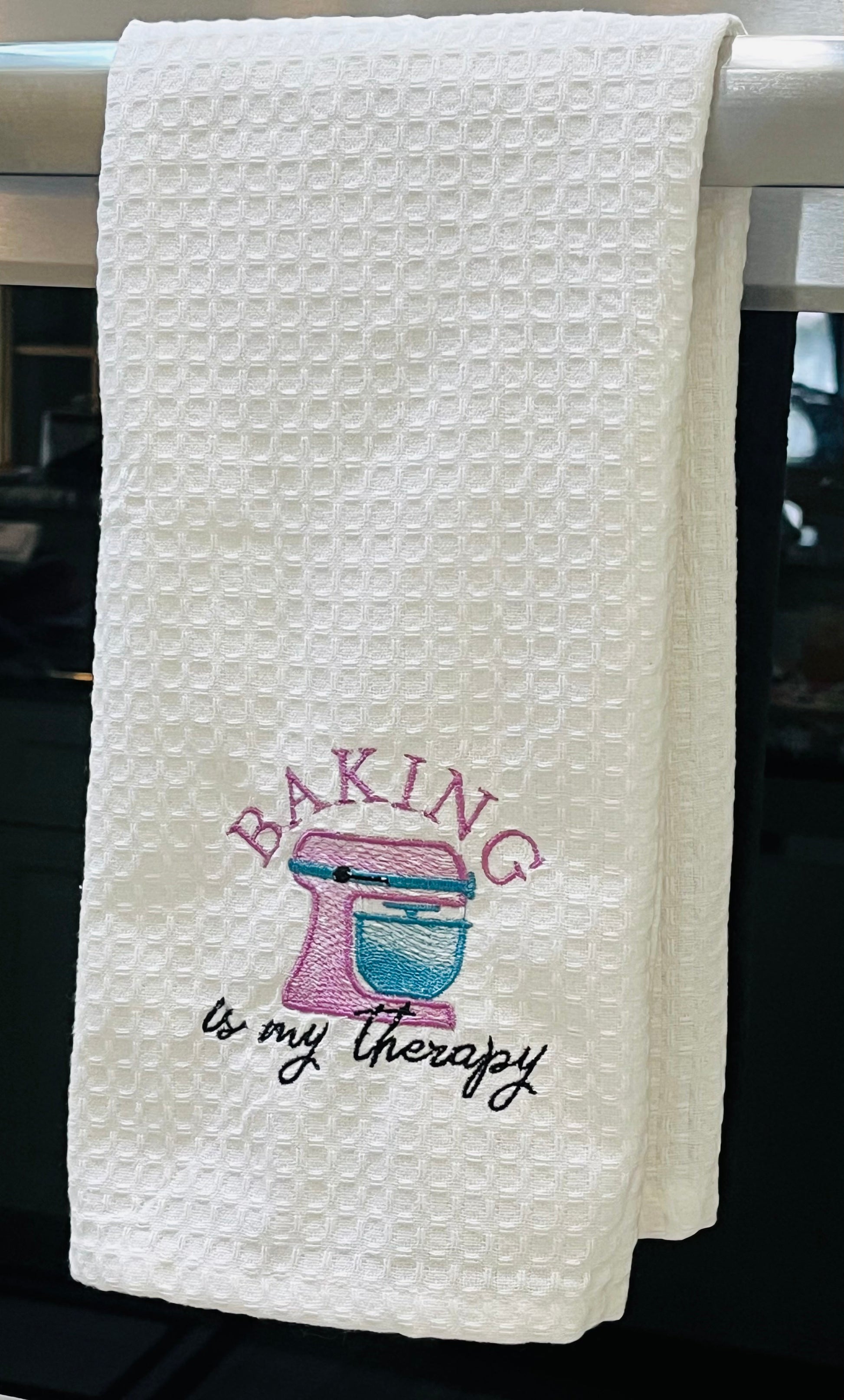 Baking is my therapy embroidered dish towel with pink stand mixer design