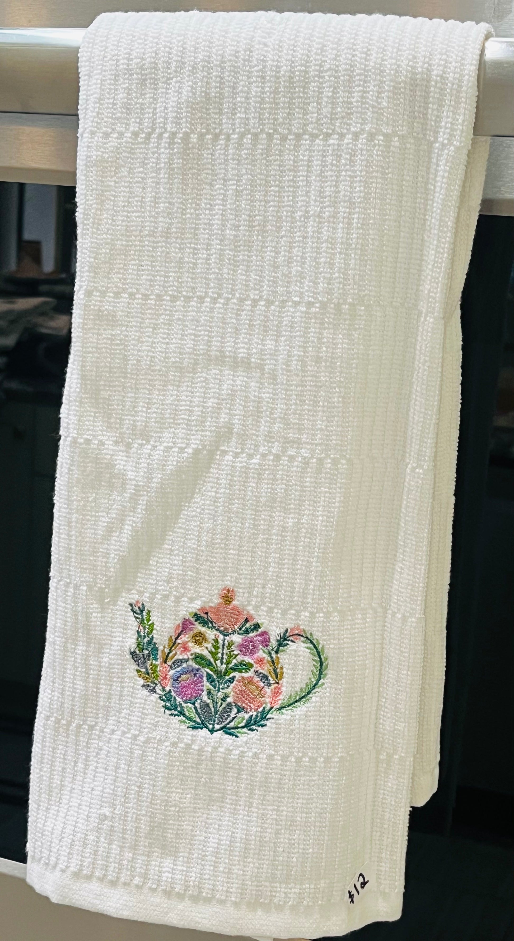 Embroidered floral teapot kitchen towel