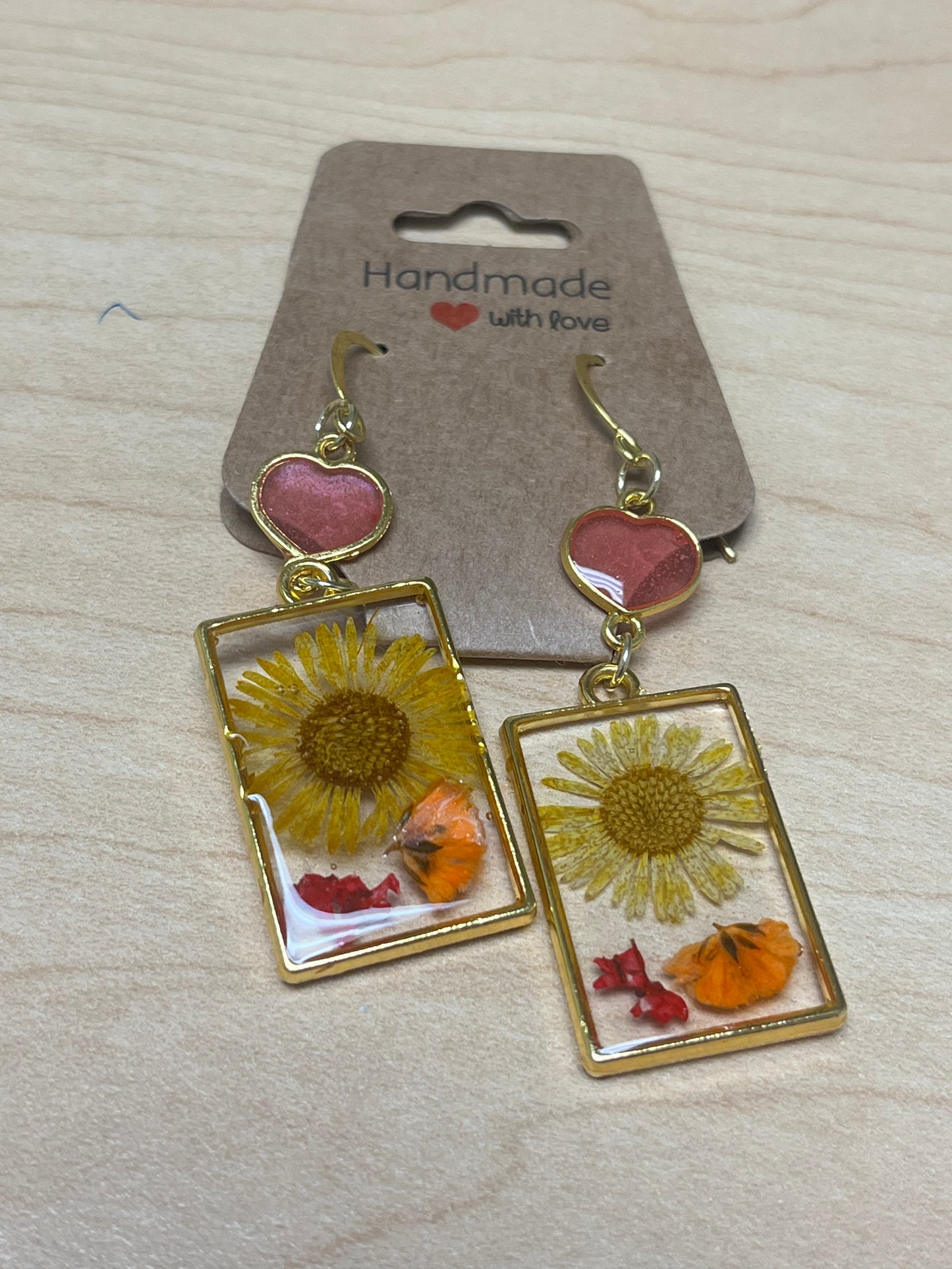 Yellow Small Daisy & Heart Pressed Flower Resin Earrings