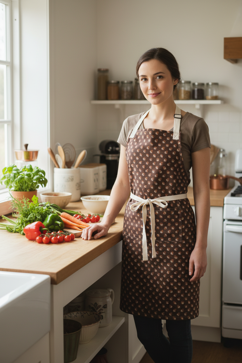 Apron on model in kitchen