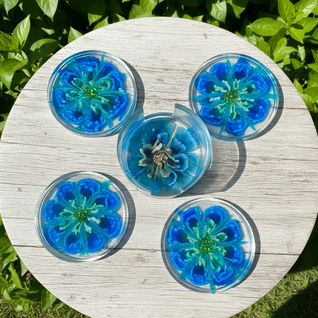 Blue bloom resin coaster set top-down outdoor