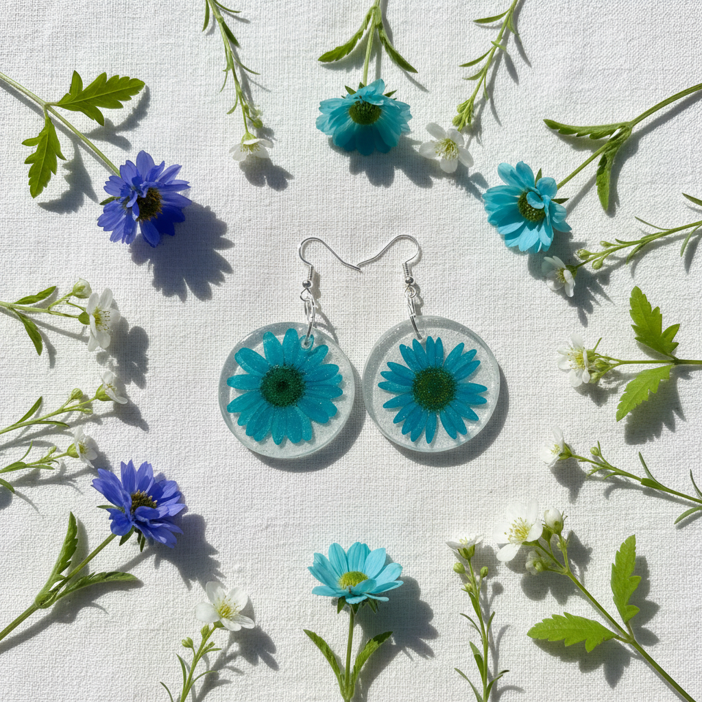 Blue teal daisy resin earrings natural setting