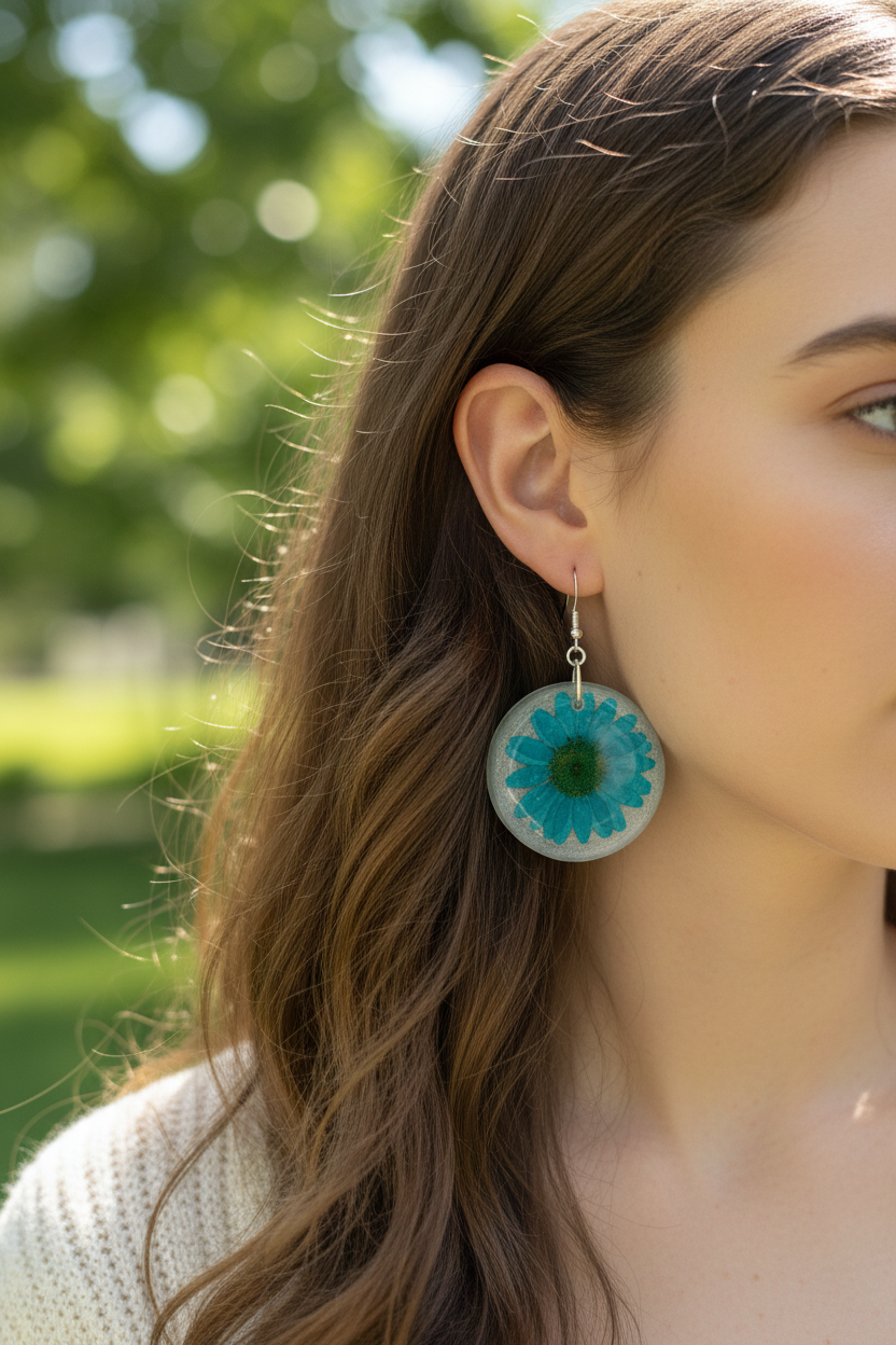 Blue teal daisy resin earrings worn on model