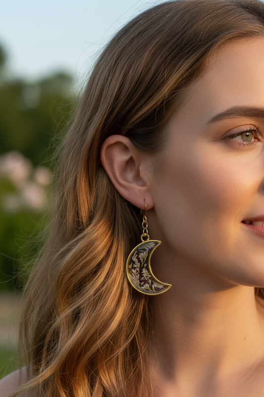 Gold crescent moon pressed flower earrings on model