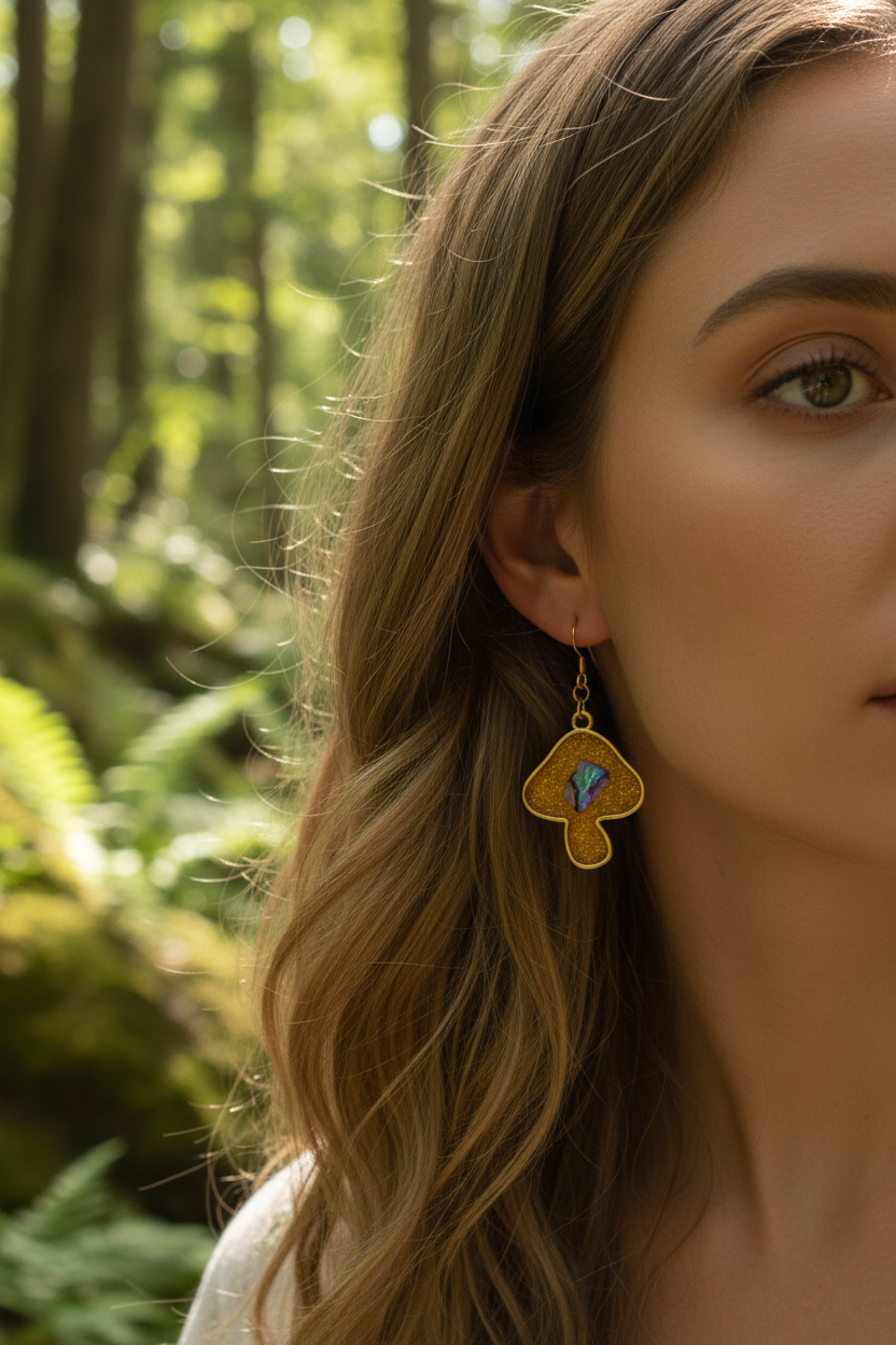 Gold mushroom glitter resin earrings on model