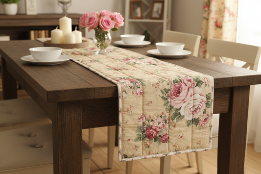 Rose garden table runner styled on a dining table