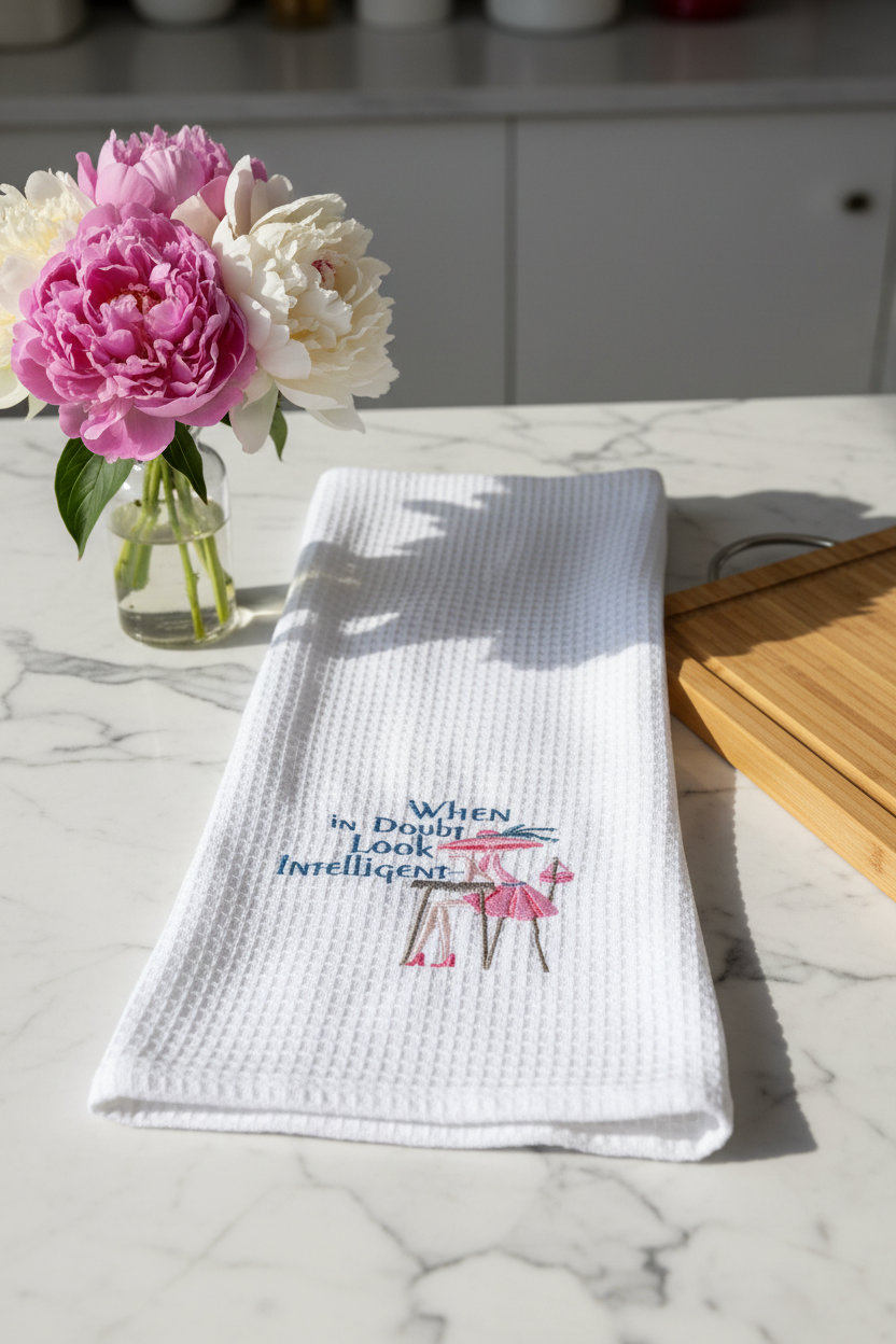 Funny kitchen towel flat on marble kitchen counter