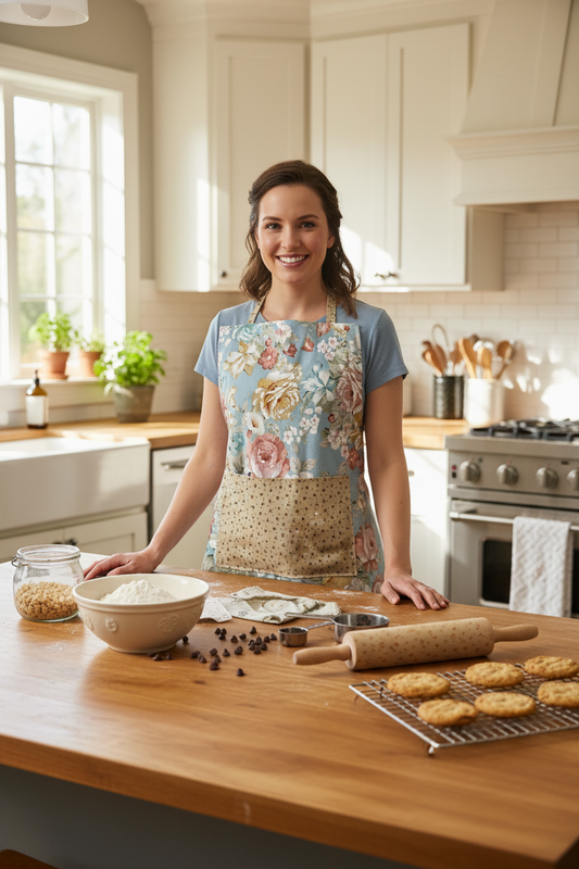 Blue rose garden bib apron worn by model in kitchen