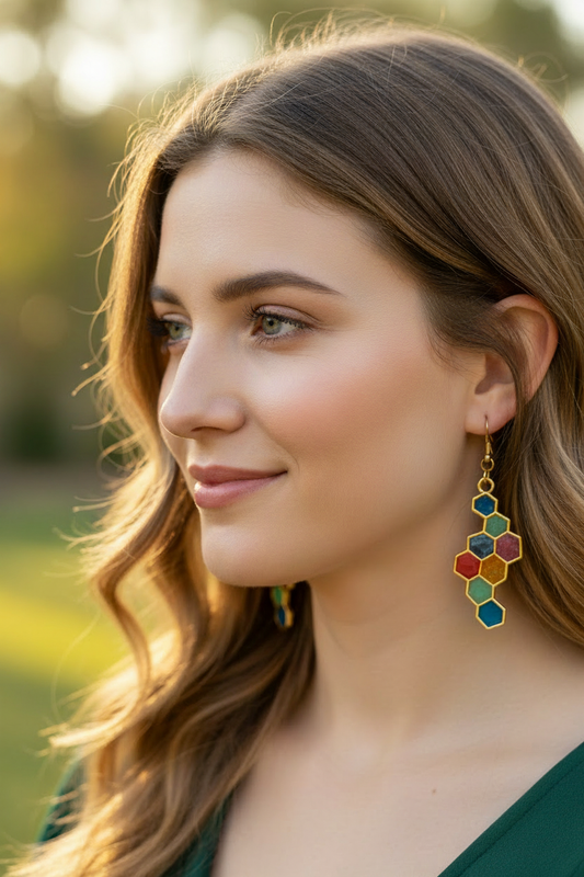 Multicolour honeycomb earrings on model