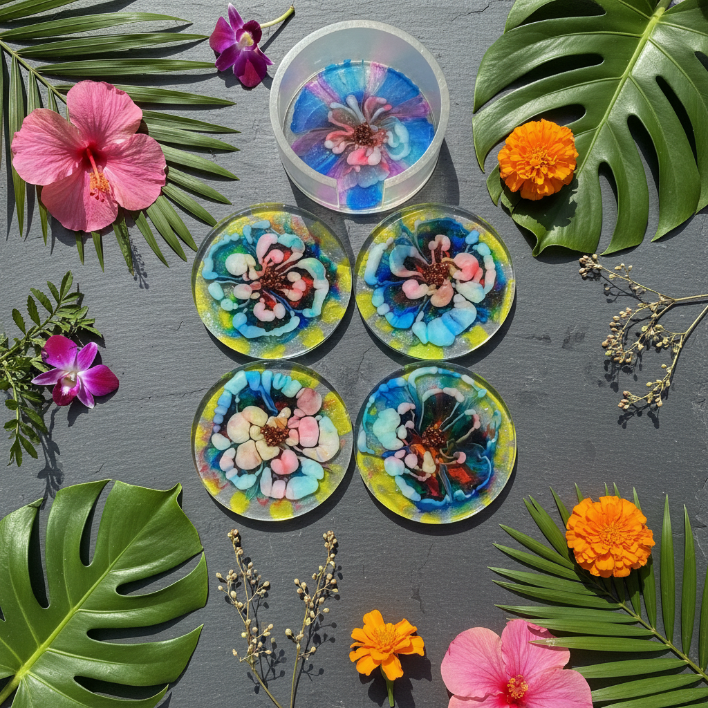 Multicolour resin coaster set artsy lifestyle