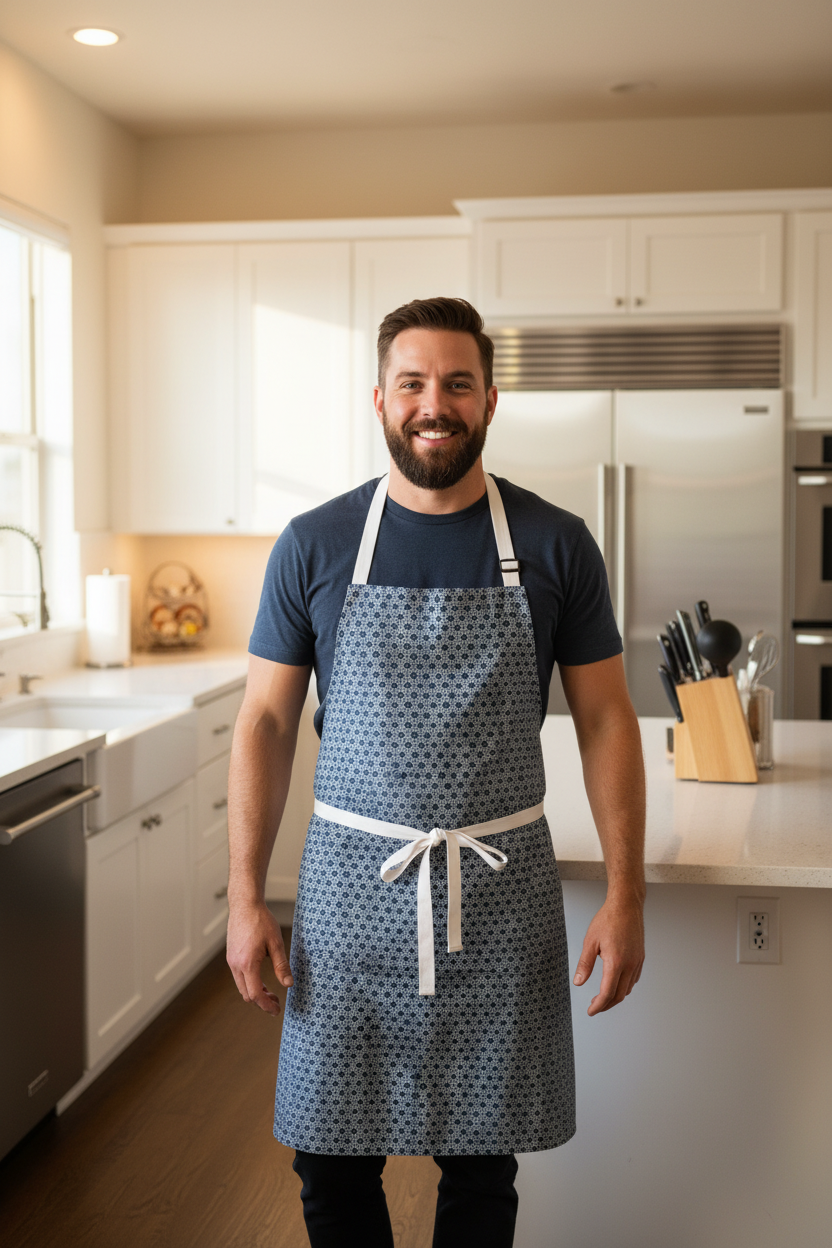 Navy geometric apron on male model in kitchen