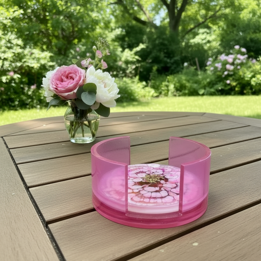 Pink bloom coaster set low angle outdoor