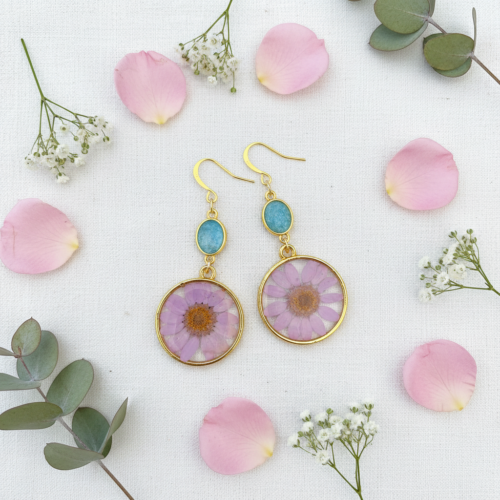 Pink daisy resin earrings flat lay lifestyle