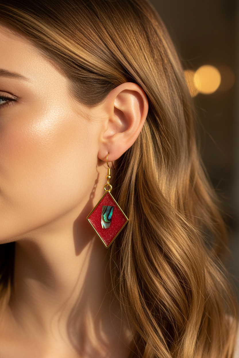 Red resin abalone diamond earrings on model