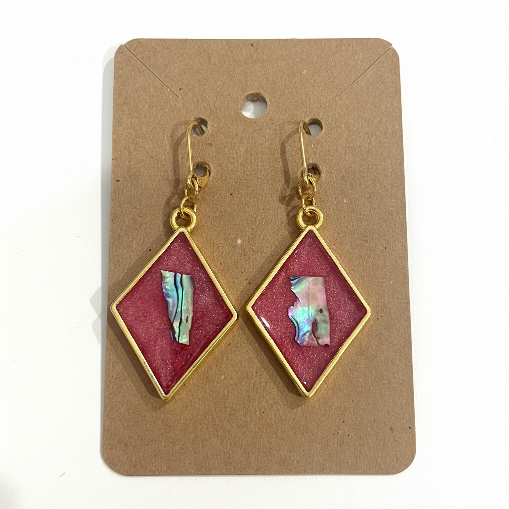 Red resin abalone earrings clean product shot