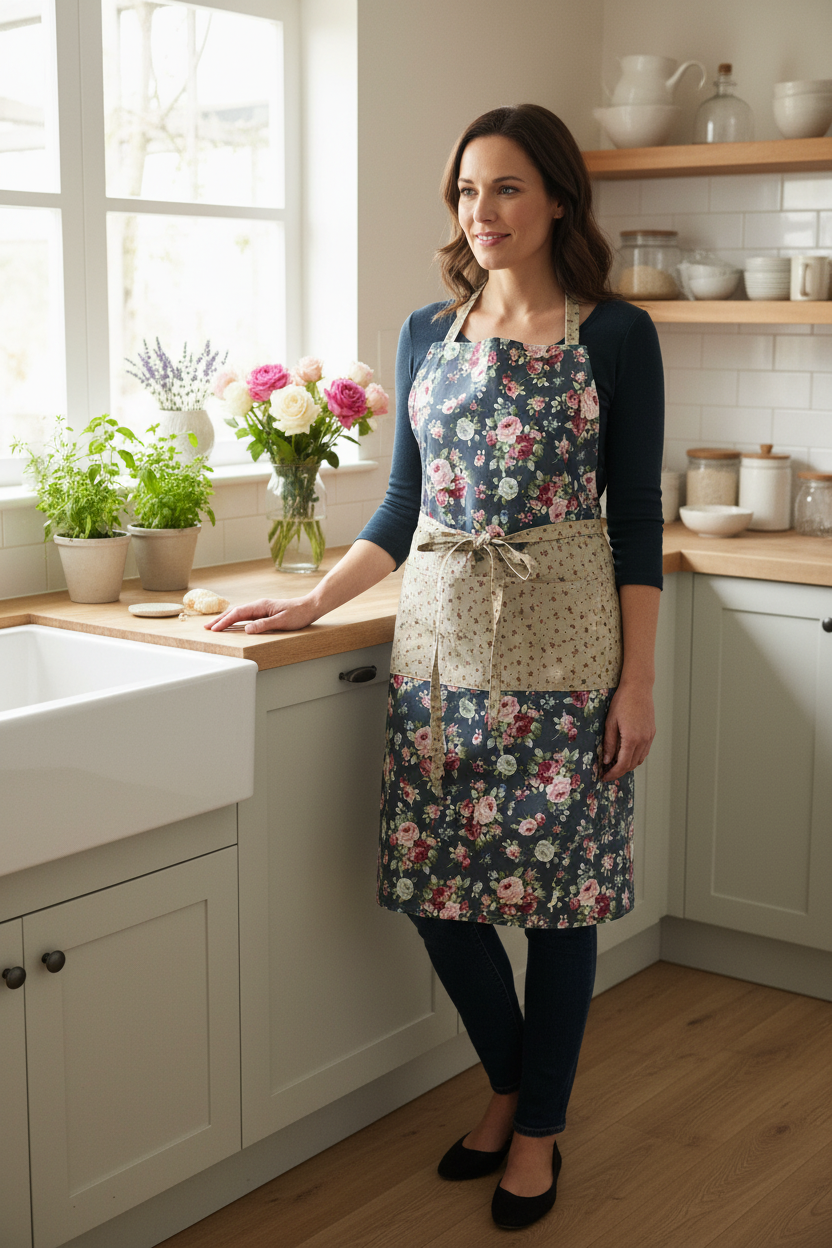 Rose floral apron on model in kitchen