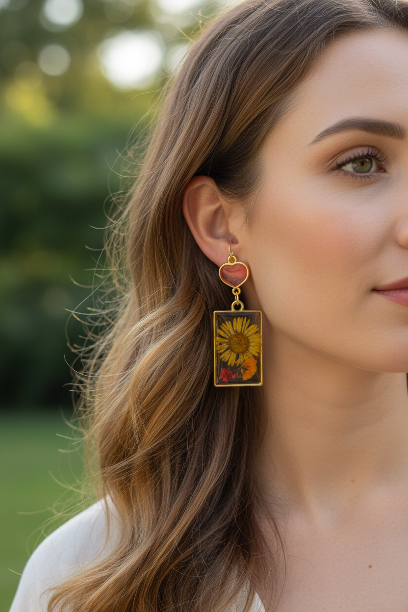 Sunflower pressed flower resin earrings on model