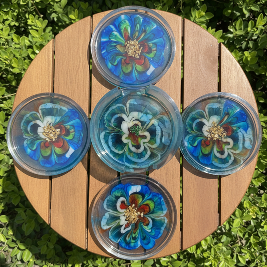 Teal blue resin coaster set top-down outdoor flat lay