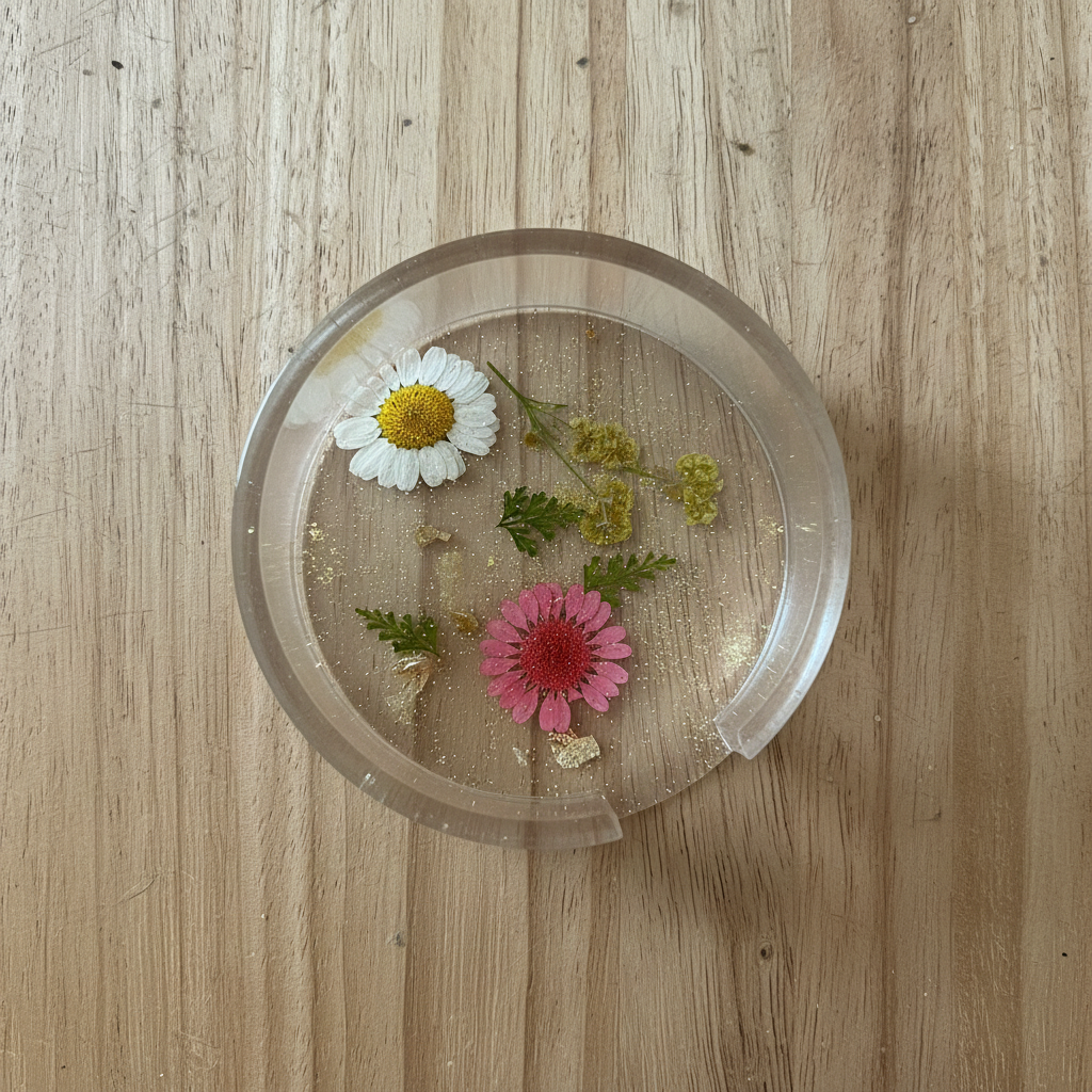 Top-down pressed flower resin coaster flat lay