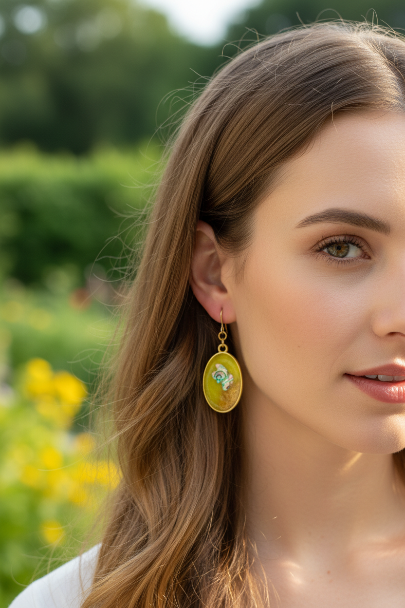 Yellow green oval abalone resin earrings on model