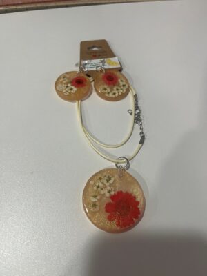Gorgeous gold mica resin necklace with earring set with red and white pressed flowers.