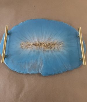 Light  Blue, White and Gold Platter with Handles