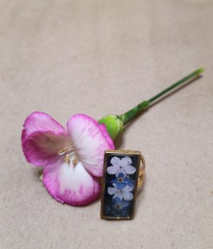 Rectangular Black Reisn ring with Forget-Me-Not Flowers