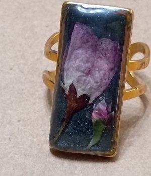 Black Resin Rectangle Ring with Roses