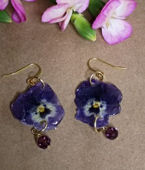 Dark Purple Pansy Flower Earrings with crystal