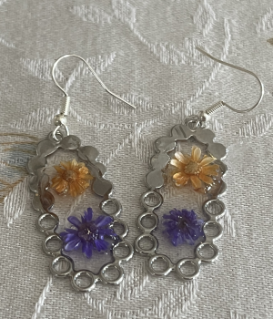 Gorgeous Oval Silver Resin Earrings with 2 small Flowers