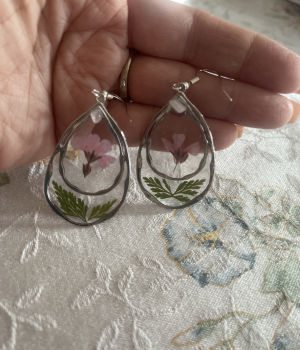 Beautiful Large Resin Earrings with Small Pink Flowers and Leaves