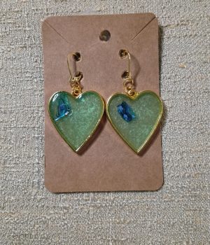 Green Resin Heart Earrings with Abalone