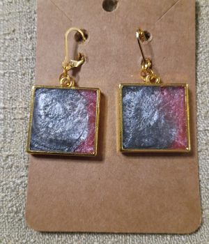 Gray and Red Square Resin Earrings