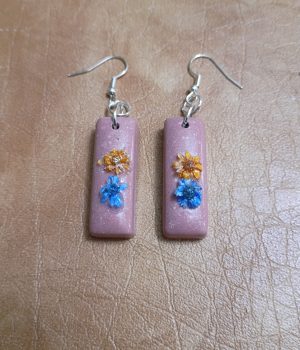 Rose Pink Resin Earrings with Tiny Flowers