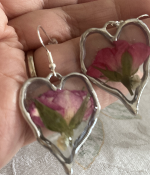 Silver Hearts with Clear Resin and Dried Rose