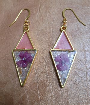 Pink and Irredescent Resin Earrings with Dried Pink/Purple Flower