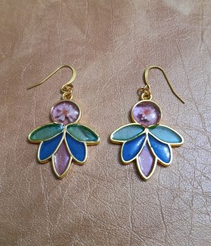 Beautiful Green, Blue and Pink Resin Earrings with Dried Flower