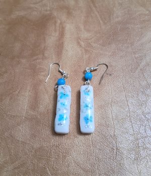 White Resin Earrings with Silver Foil and Forget-Me-Nots